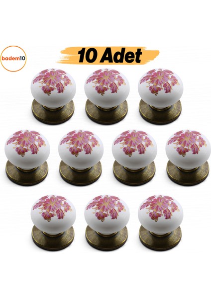 Polimer Antik Sarı 10 Adet Düğme Kulp Pembe Desenli Mobilya Mutfak Dolabı Çekmece Dolap Kulpu Kulbu