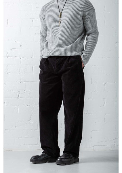 Erkek Baggy Fit Kadife Pantolon Siyah
