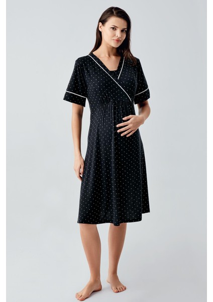 Puantiyeli Kısa Kollu Likralı Viskoz Hamile Gecelik 14120