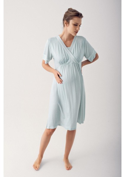 Puantiyeli Kısa Kollu Likralı Viskoz Hamile Gecelik 14120