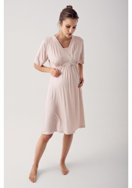 Puantiyeli Kısa Kollu Likralı Viskoz Hamile Gecelik 14120