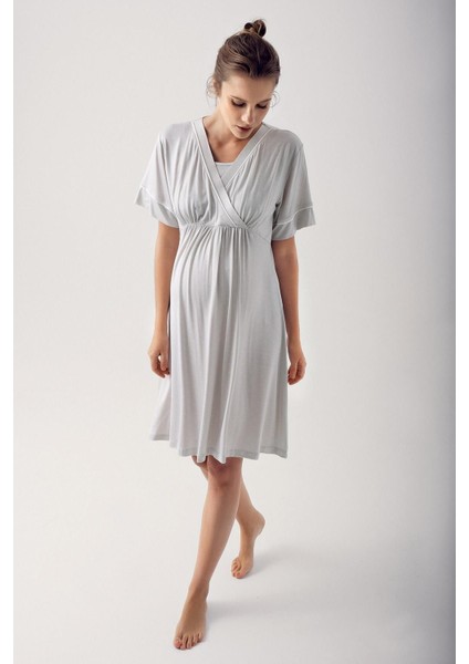 Puantiyeli Kısa Kollu Likralı Viskoz Hamile Gecelik 14120