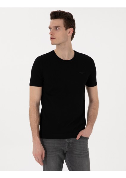 Erkek Siyah Slim Fit Bisiklet Yaka Triko Tişört 50306131-VR046