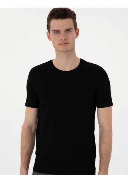 Erkek Siyah Slim Fit Bisiklet Yaka Triko Tişört 50306131-VR046
