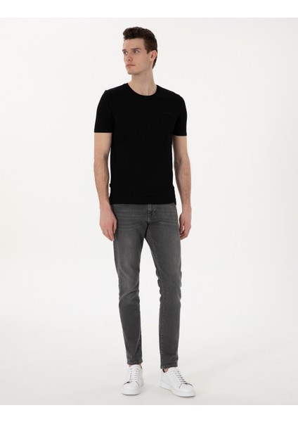 Erkek Siyah Slim Fit Bisiklet Yaka Triko Tişört 50306131-VR046