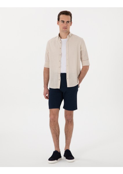 Erkek Lacivert Slim Fit Gofre Beli Lastikli Dokuma Şort 50305289-VR033