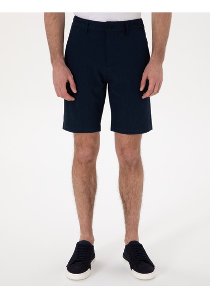 Erkek Lacivert Slim Fit Gofre Beli Lastikli Dokuma Şort 50305289-VR033