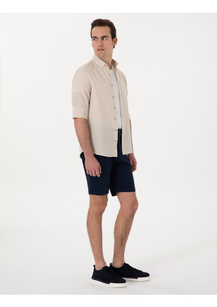 Erkek Lacivert Slim Fit Gofre Beli Lastikli Dokuma Şort 50305289-VR033