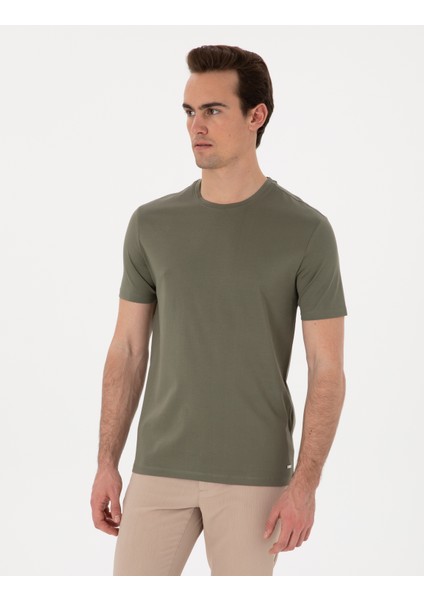 Erkek Haki Slim Fit Merserize Basic Tişört 50302560-VR027