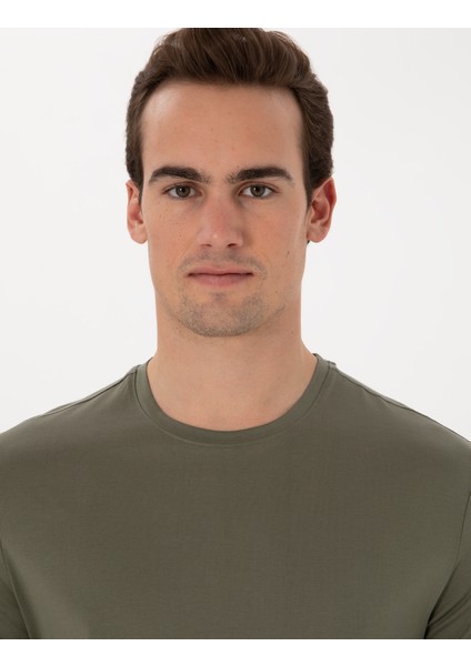 Erkek Haki Slim Fit Merserize Basic Tişört 50302560-VR027