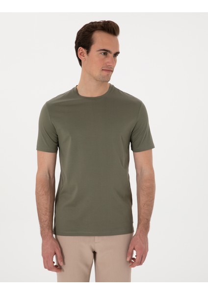 Erkek Haki Slim Fit Merserize Basic Tişört 50302560-VR027