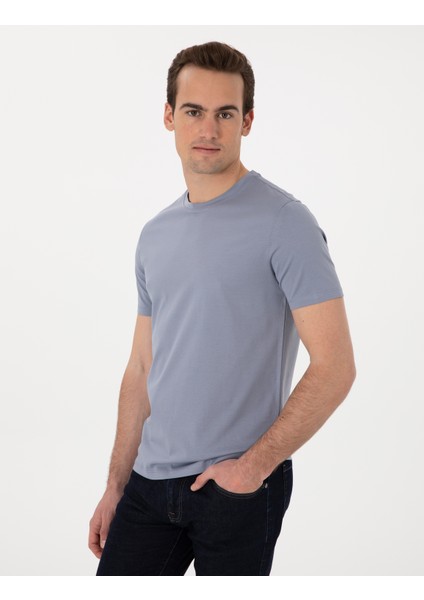 Erkek Mavi Slim Fit Merserize Basic Tişört 50302560-VR036
