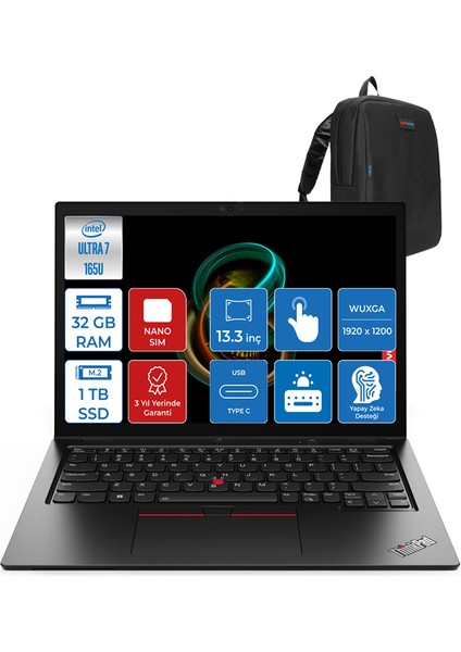 Thinkpad L13 G5 Yoga Ultra 7 165U 32GB 1tb 13.3" Wuxga Windows 11 Home Nanosim Dokunmatik Yapay Zeka Destekli Bilgisayar L21LM0037TXH02
