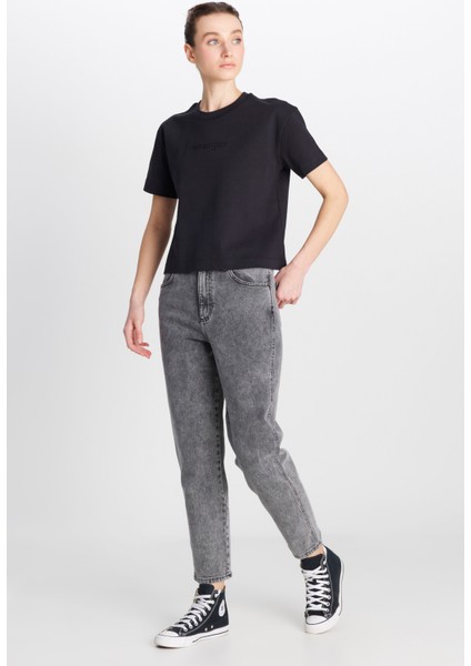 Mom Fit Yüksek Bel Dar Paça Açık Gri Pamuklu Esnek Jean Denim Pantolon