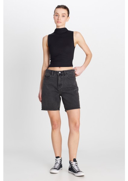 Slim Fit Dar Kesim Normal Bel Bermuda Antrasit Jean Kot Şort