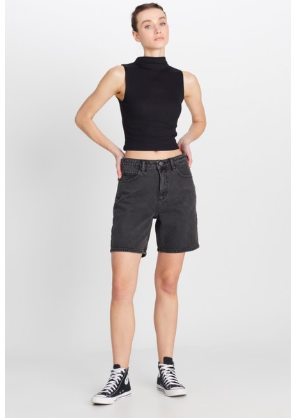 Slim Fit Dar Kesim Normal Bel Bermuda Antrasit Jean Kot Şort