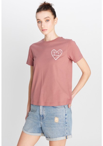 %100 Pamuk Regular Fit Normal Kesim Bisiklet Yaka Grafik Baskılı Gül Kurusu Tişört