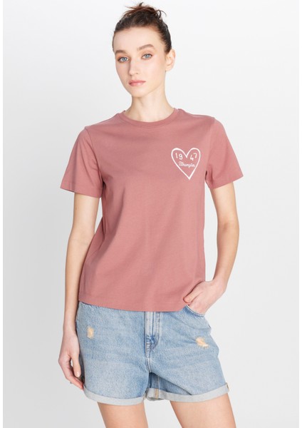 %100 Pamuk Regular Fit Normal Kesim Bisiklet Yaka Grafik Baskılı Gül Kurusu Tişört fiyatları