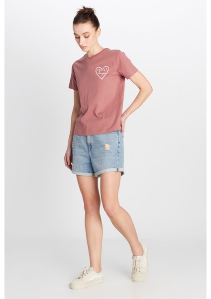 %100 Pamuk Regular Fit Normal Kesim Bisiklet Yaka Grafik Baskılı Gül Kurusu Tişört modelleri