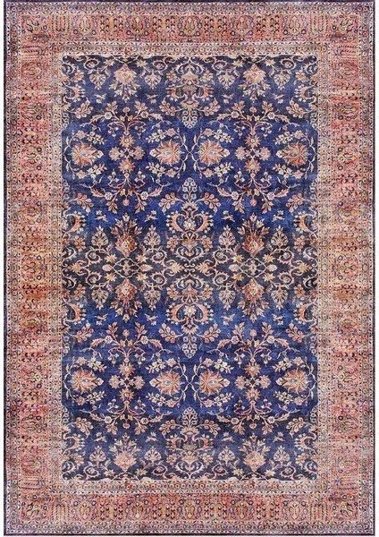 Siesta Vintage 32-041 Lacivert Etnik Eskitme Desenli Dokuma Tabanlı Yıkanabilir Şönil Salon ve Oda Halısı