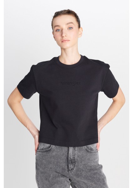 %100 Pamuk Relaxed Fit Geniş Kesim Bisiklet Yaka Siyah Tişört