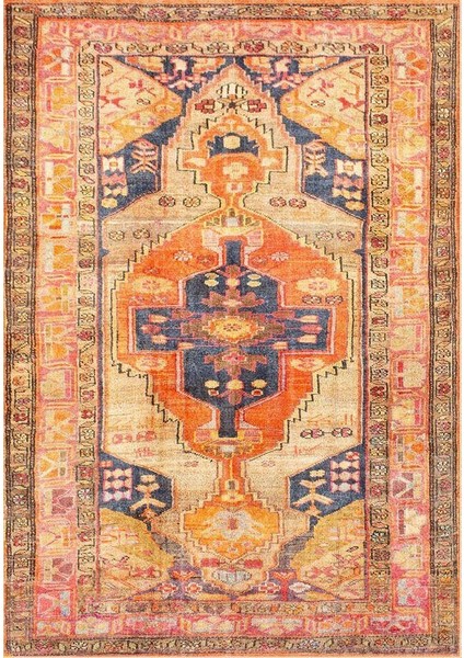 Siesta Vintage 32-352 Etnik Eskitme Desenli Dokuma Tabanlı Yıkanabilir Şönil Salon ve Oda Halısı