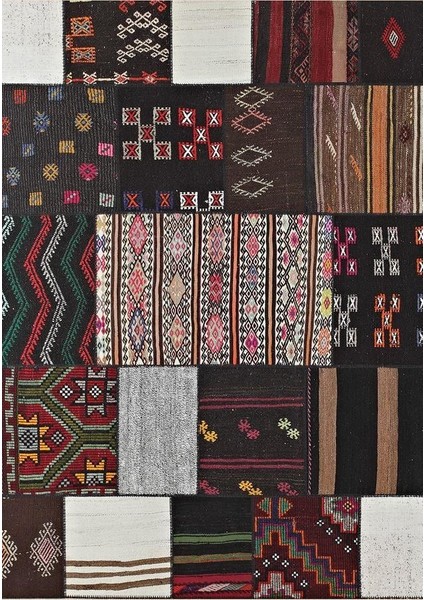 Siesta Vintage 32-195 Etnik Eskitme Patchwork Desenli Dokuma Tabanlı Yıkanabilir Şönil Salon ve Oda Halısı