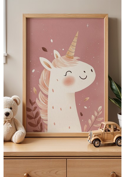 Unicorn Büyüsü – Doğal Ahşap Çerçeveli Çocuk Odası Tablosu