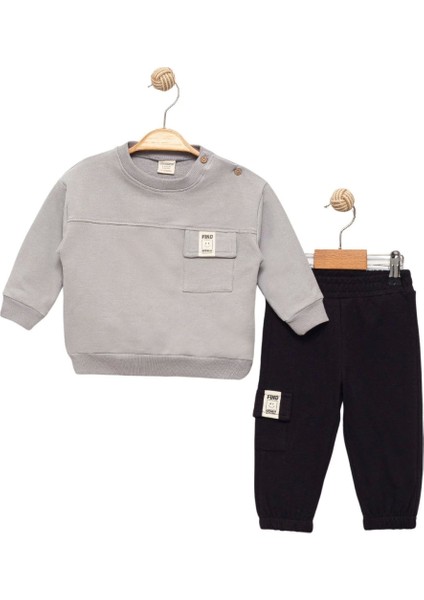 Erkek Bebek Cepli Siyah Eşofman ve Gri Sweatshirt Takım - Çocuk Giyim