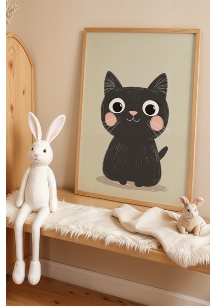 Gülümseyen Siyah Kedi – Doğal Ahşap Çerçeveli Çocuk Odası Tablosu