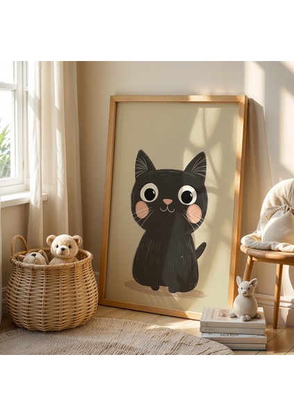 Gülümseyen Siyah Kedi – Doğal Ahşap Çerçeveli Çocuk Odası Tablosu fiyatları