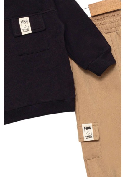 Erkek Bebek Cepli Siyah Sweatshirt ve Bej Eşofman Takımı - Bebek Giyim fırsatları