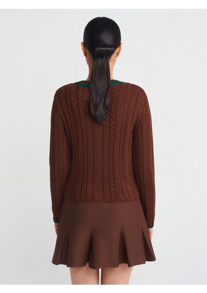 10687 V Yaka Çizgili Saç Örgü Triko Kazak-Kahve-Y. fiyatları