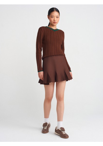 10687 V Yaka Çizgili Saç Örgü Triko Kazak-Kahve-Y. modelleri