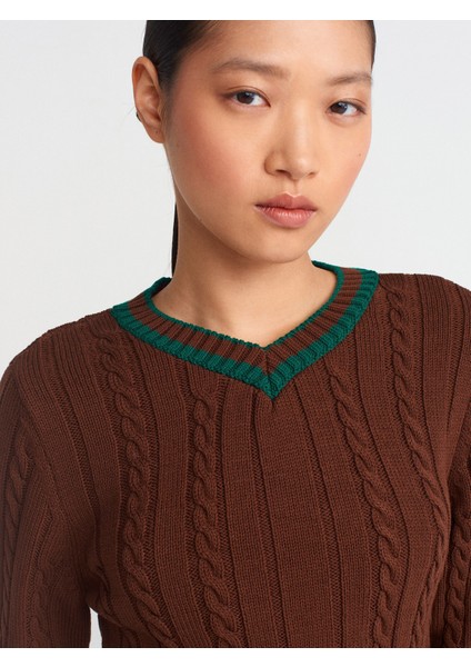 10687 V Yaka Çizgili Saç Örgü Triko Kazak-Kahve-Y. fırsatları