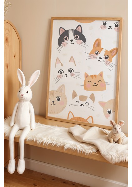 Sevimli Kedi Yüzleri Doğal Ahşap Çerçeveli Çocuk Odası Tablosu