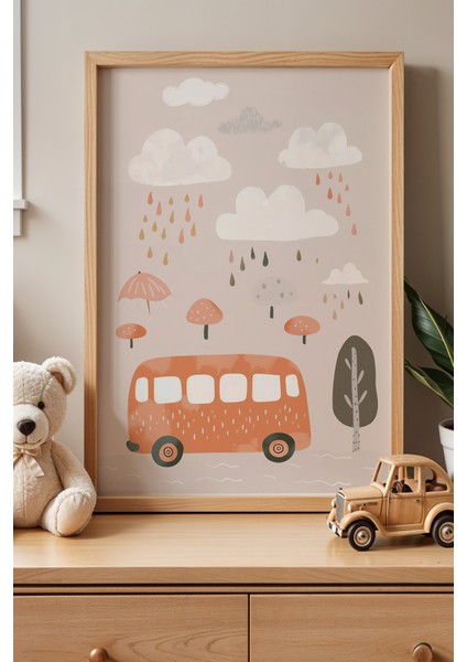 Yağmurlu Gün ve Turuncu Otobüs - Doğal Ahşap Çerçeveli Çocuk ve Bebek Odası Tablosu