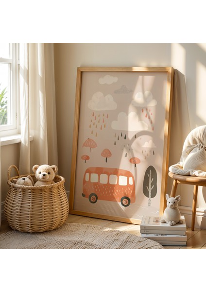 Yağmurlu Gün ve Turuncu Otobüs - Doğal Ahşap Çerçeveli Çocuk ve Bebek Odası Tablosu fiyatları