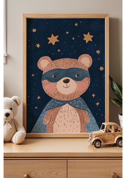 Geceyi Aydınlatan Süper Kahraman Ayı - Doğal Ahşap Çerçeveli Çocuk ve Bebek Odası Tablosu