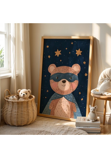 Geceyi Aydınlatan Süper Kahraman Ayı - Doğal Ahşap Çerçeveli Çocuk ve Bebek Odası Tablosu fiyatları