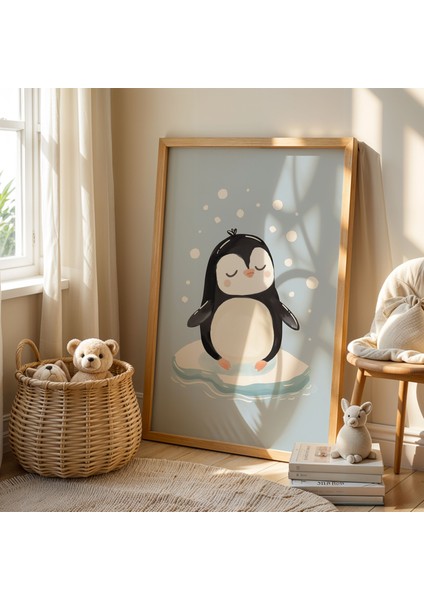 Buz Üstünde Mutlu Penguen - Doğal Ahşap Çerçeveli Çocuk ve Bebek Odası Tablosu fiyatları