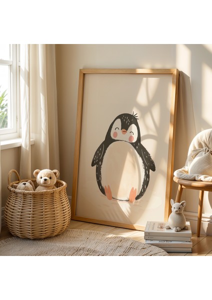 Eğlenen Penguen - Doğal Ahşap Çerçeveli Çocuk ve Bebek Odası Tablosu fiyatları