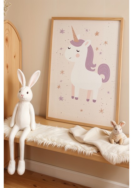 Büyülü Beyaz Unicorn - Doğal Ahşap Çerçeveli Çocuk ve Bebek Odası Tablosu