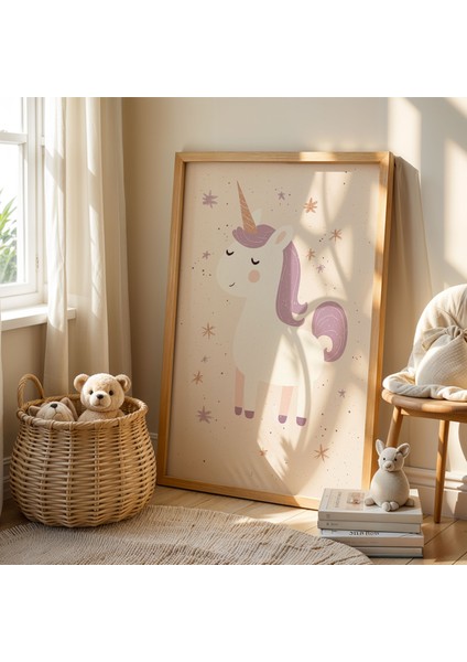 Büyülü Beyaz Unicorn - Doğal Ahşap Çerçeveli Çocuk ve Bebek Odası Tablosu fiyatları