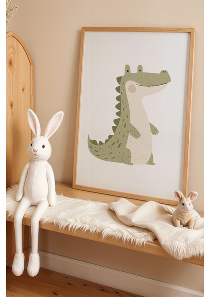 Dost Canlısı Timsah - Doğal Ahşap Çerçeveli Çocuk ve Bebek Odası Tablosu