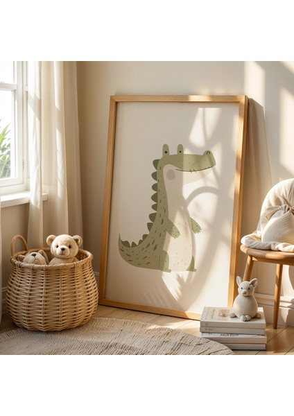 Dost Canlısı Timsah - Doğal Ahşap Çerçeveli Çocuk ve Bebek Odası Tablosu fiyatları