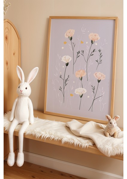Renkli Çiçekler ve Bahar Doğal Ahşap Çerçeveli Çocuk ve Bebek Odası Tablosu
