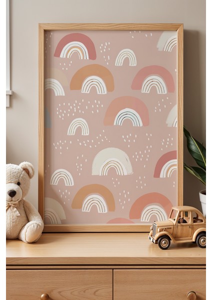 Pastel Gökkuşağı Deseni - Doğal Ahşap Çerçeveli Çocuk Odası ve Bebek Odası Tablosu