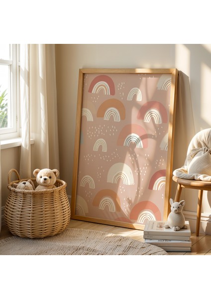 Pastel Gökkuşağı Deseni - Doğal Ahşap Çerçeveli Çocuk Odası ve Bebek Odası Tablosu fiyatları