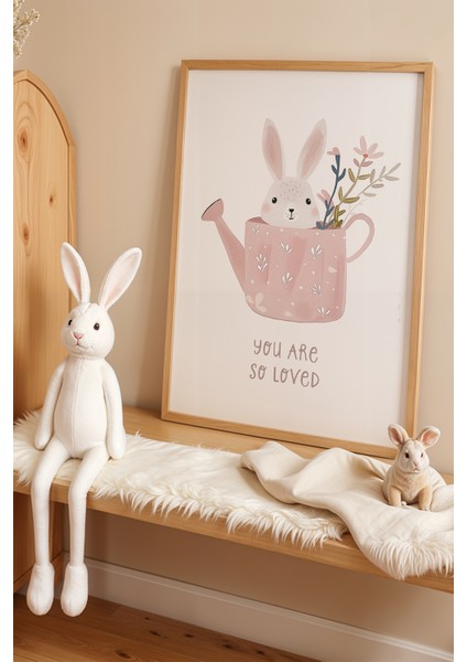 Sulama Kabında Sevimli Tavşan 'you Are So Loved' - Doğal Ahşap Çerçeveli Çocuk ve Bebek Odası Tablosu